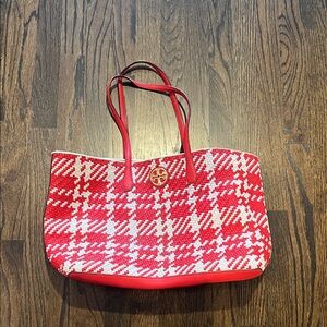 Tory Burch red and white leather tote